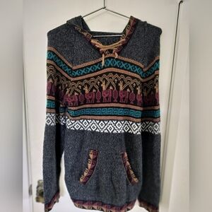 Aztec Llama Print Soft Knit Hoodie Kangaroo Pocket Gray Medium